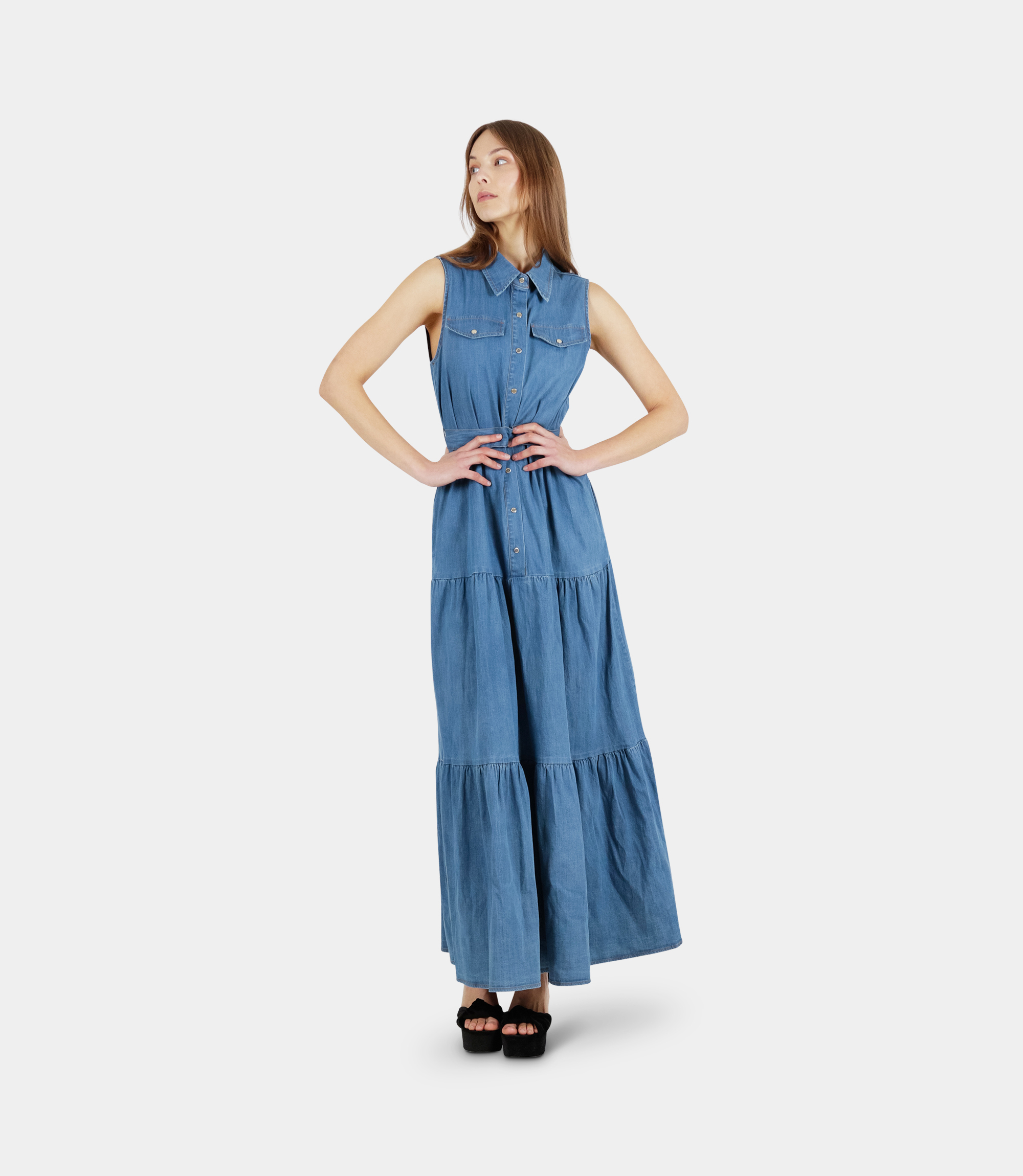 Denim long chemisier dress - BLUE - NaraMilano