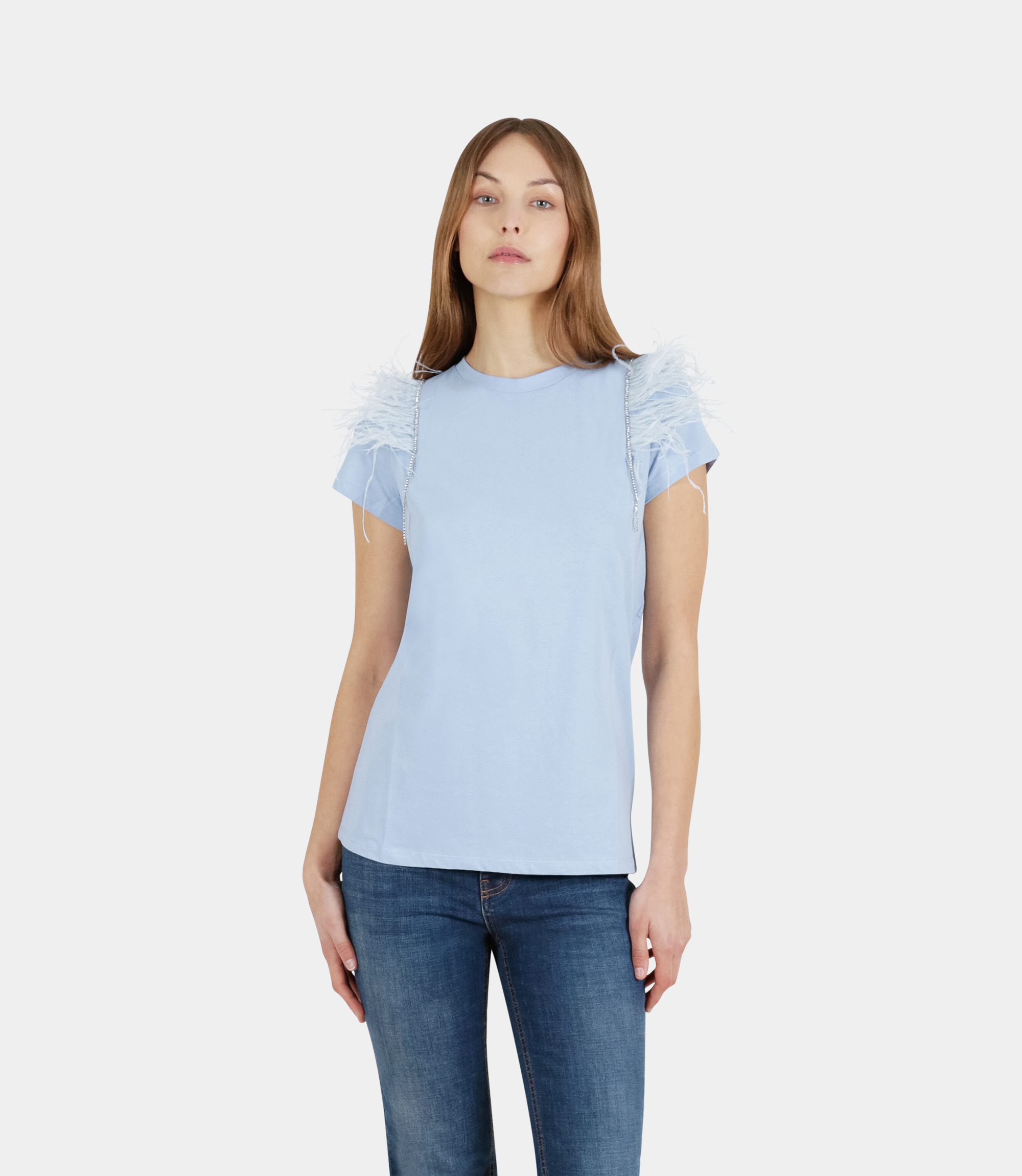 T-shirt con piume sulle maniche - AZURE - NaraMilano