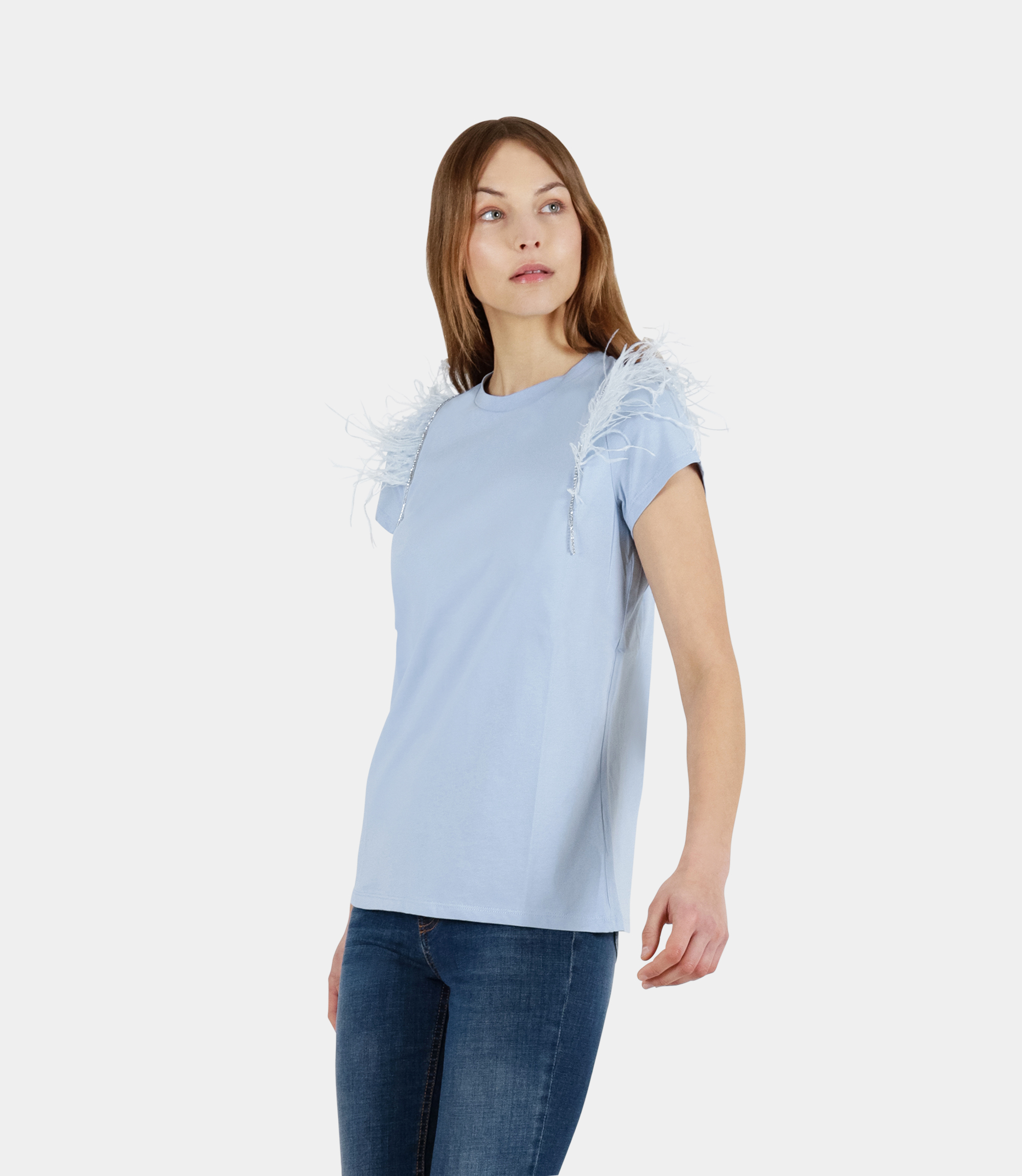 T-shirt con piume sulle maniche - AZURE - NaraMilano