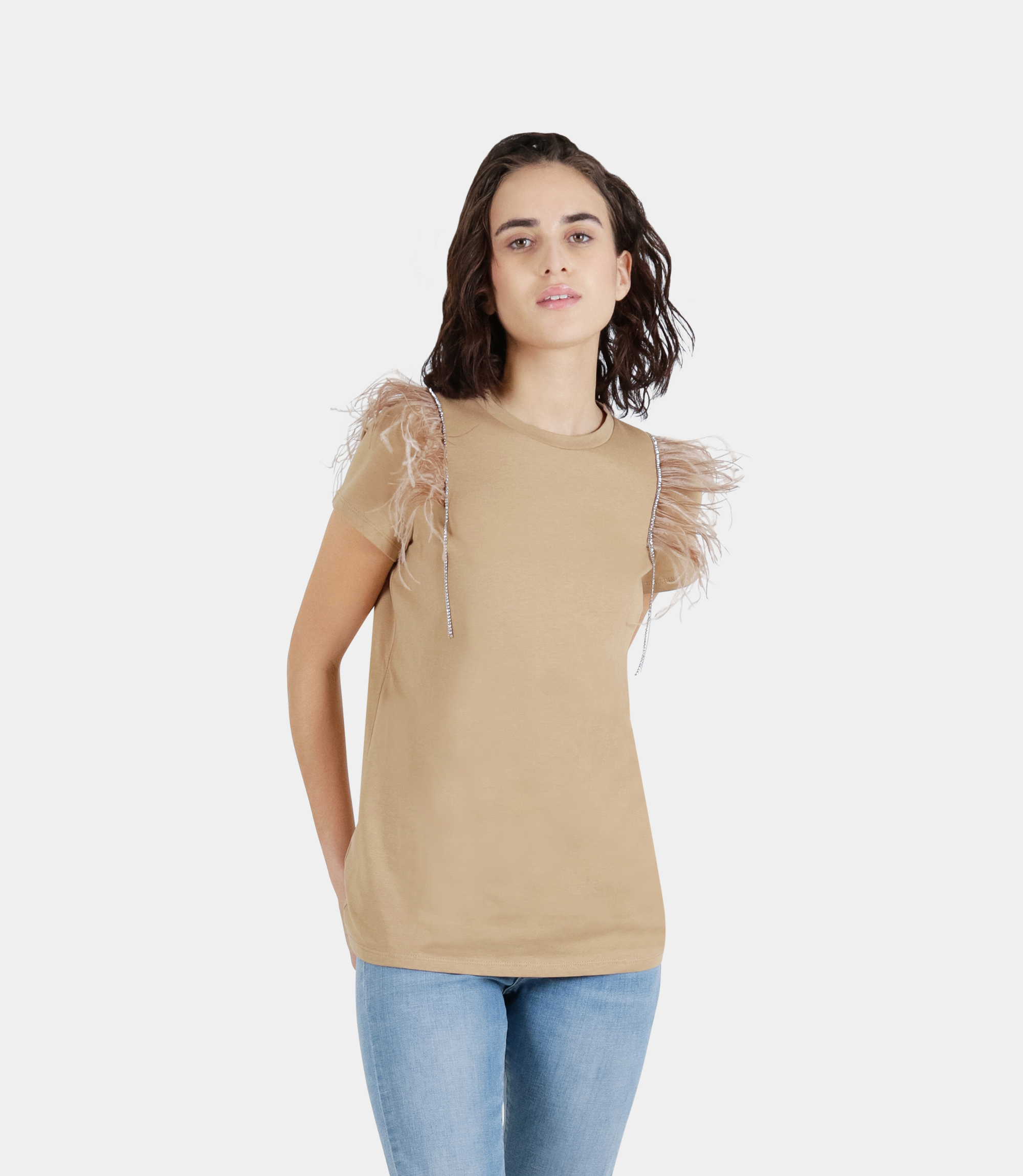 T-shirt with feathers on sleeves - BROWN - NaraMilano