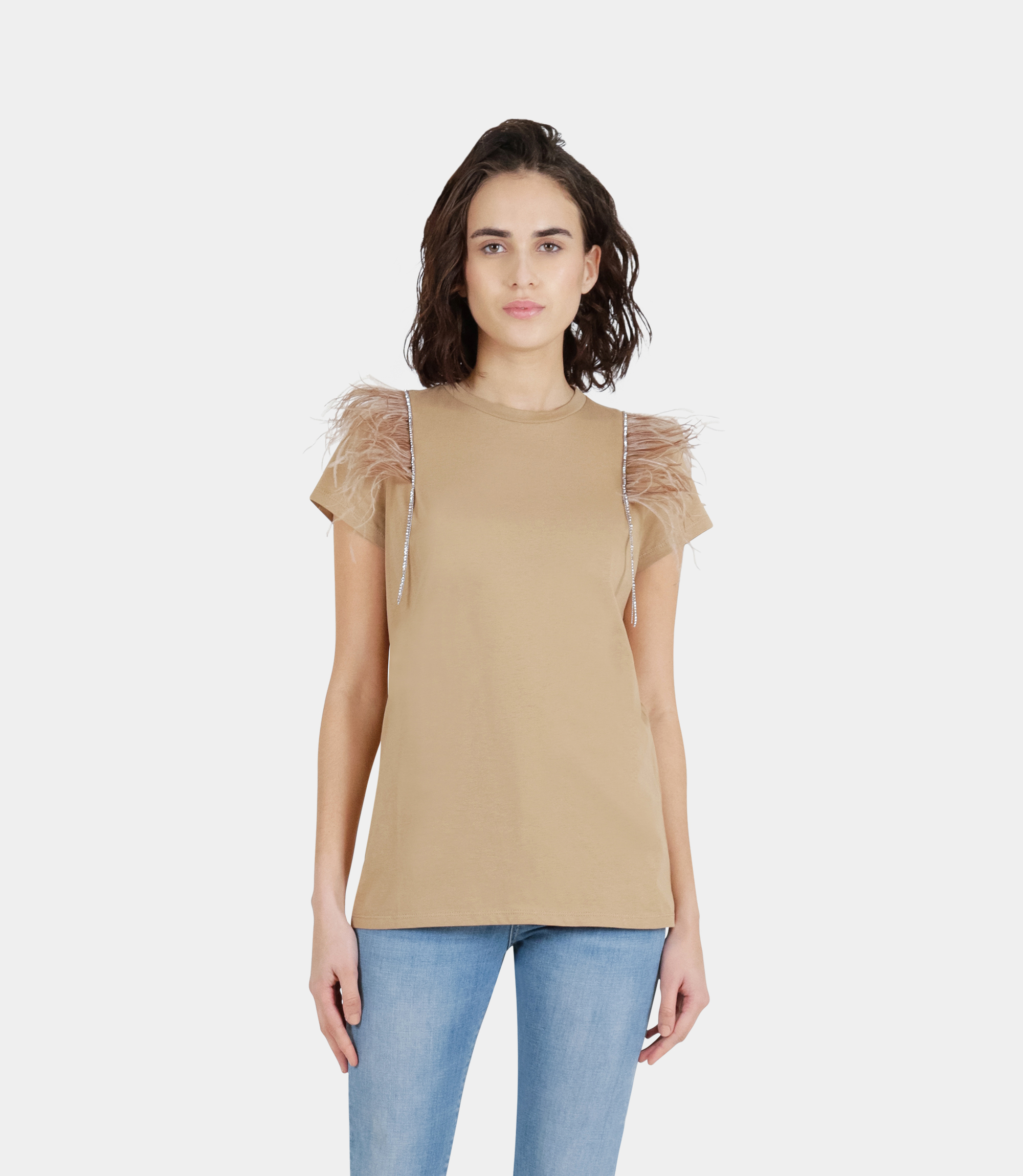 T-shirt with feathers on sleeves - BROWN - NaraMilano