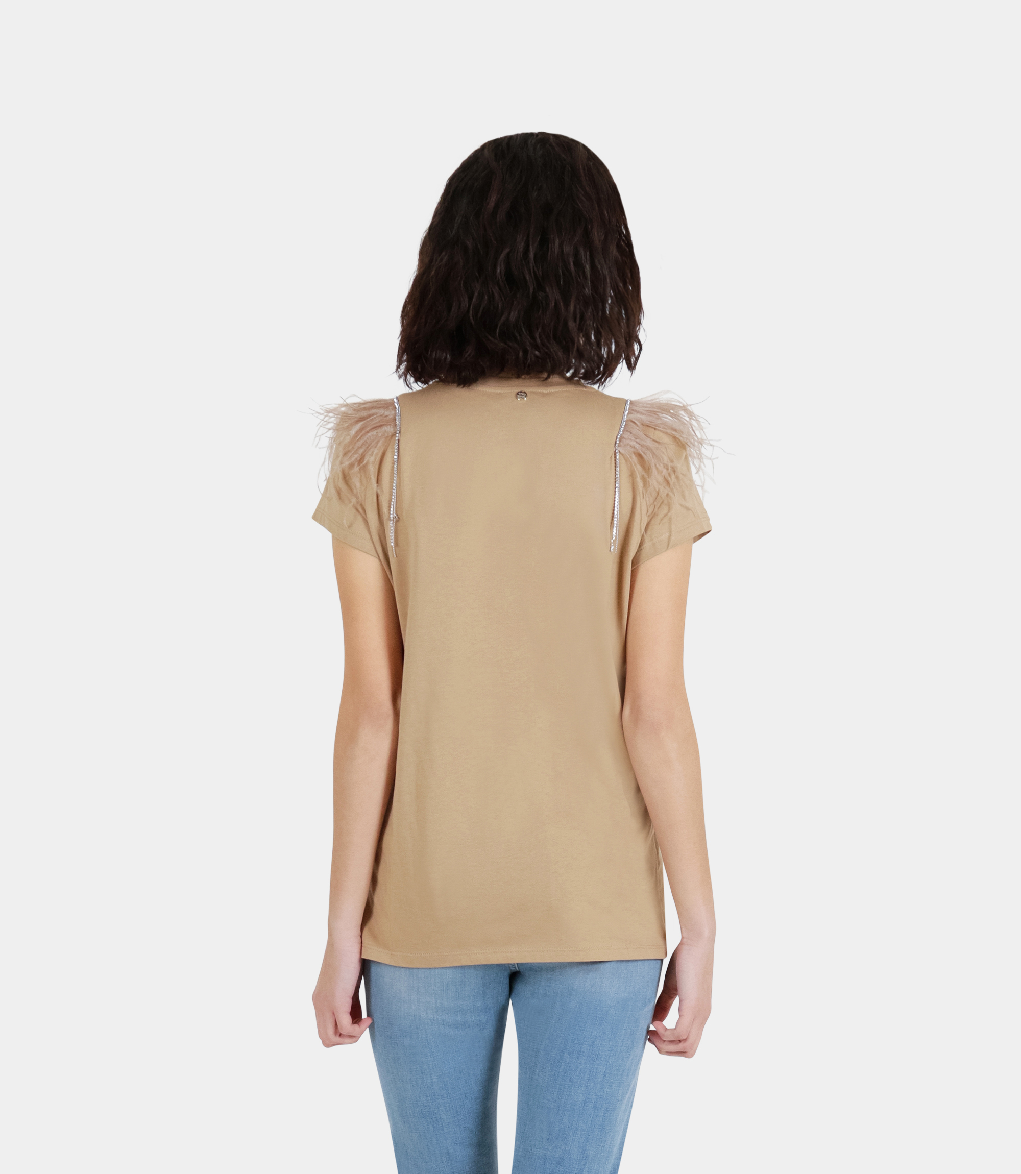 T-shirt with feathers on sleeves - BROWN - NaraMilano