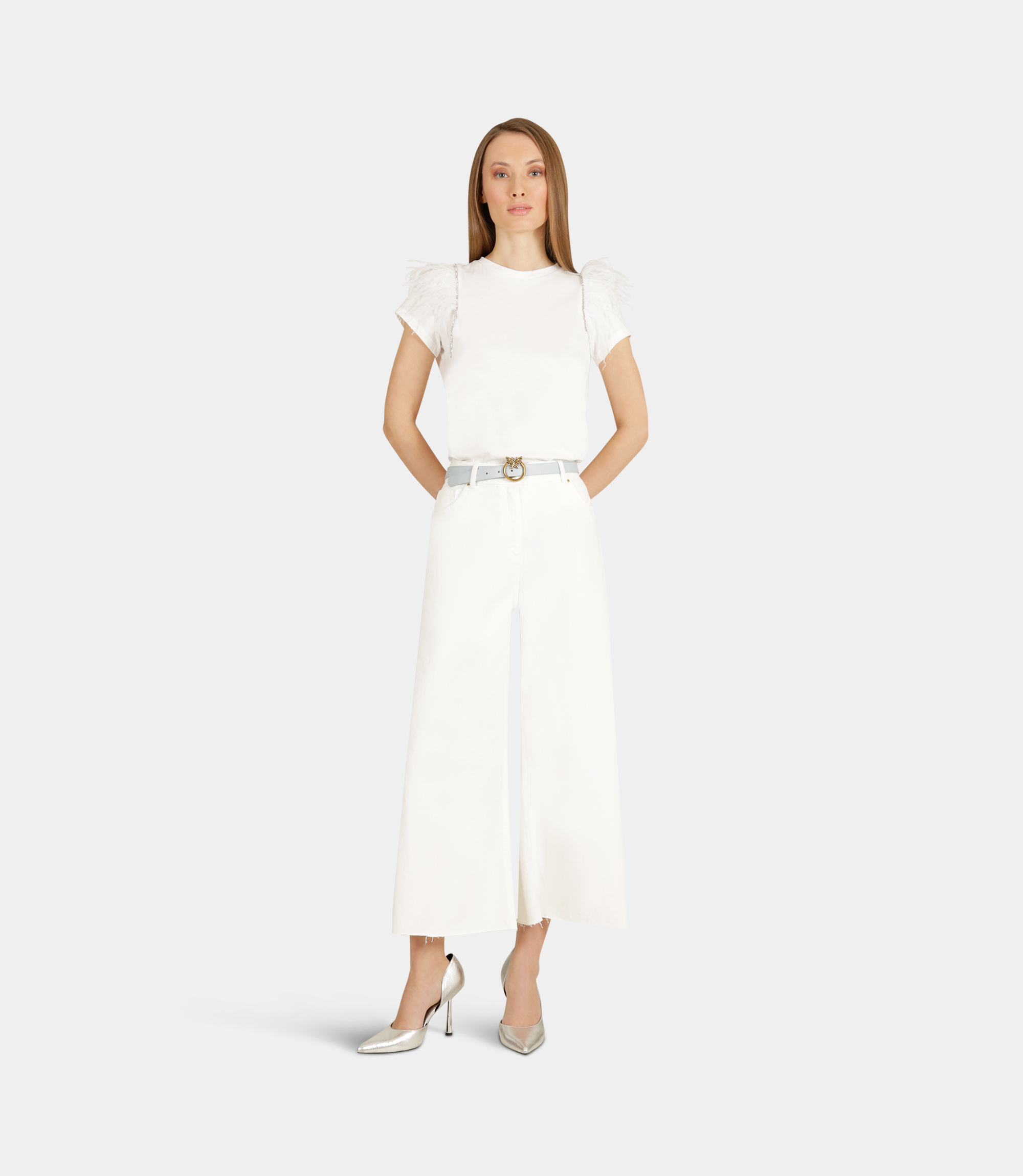 T-shirt with feathers on sleeves - WHITE - NaraMilano
