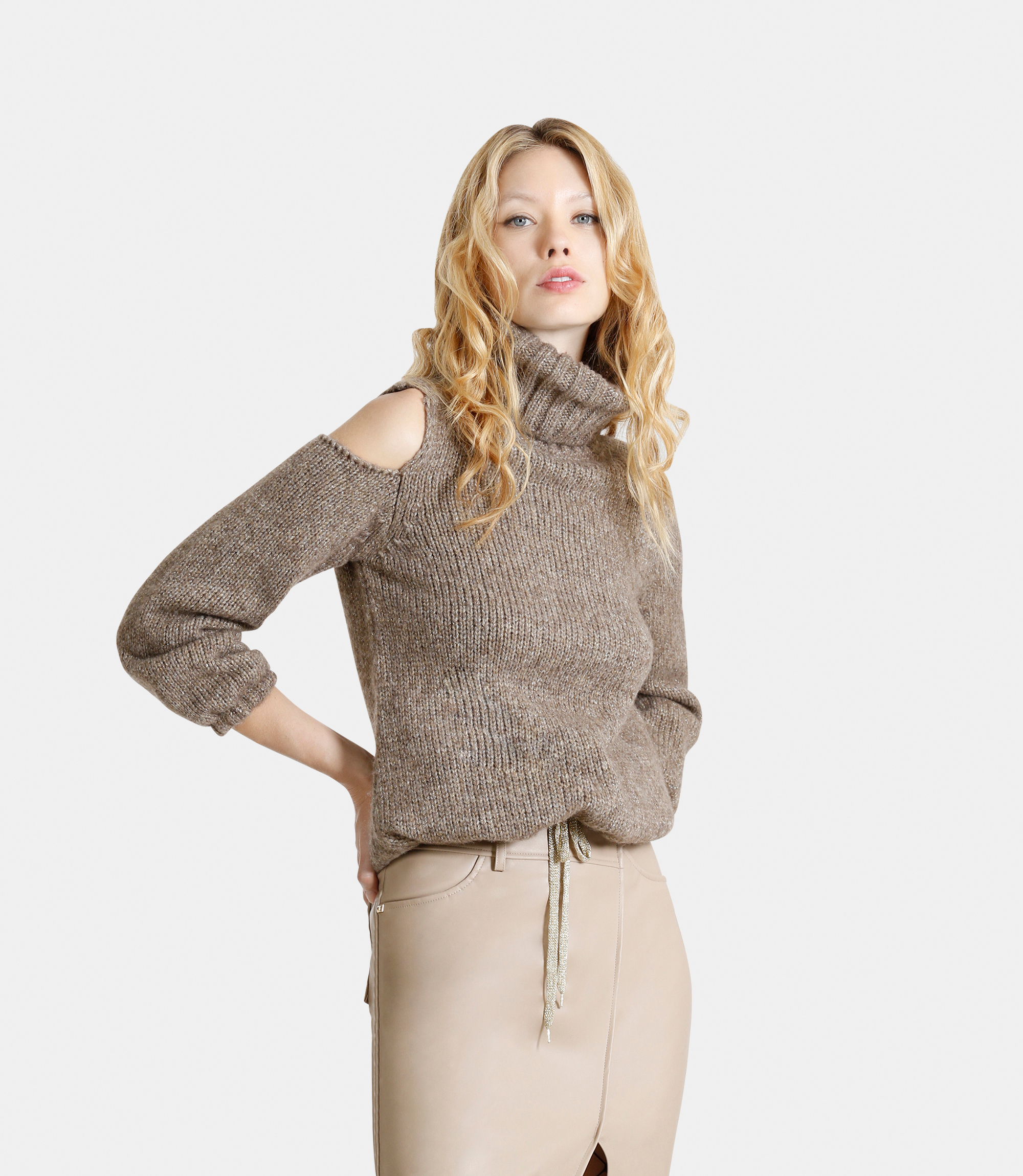 Turtleneck sweater with cut shoulder strap and tie at the waist - GREY - NaraMilano