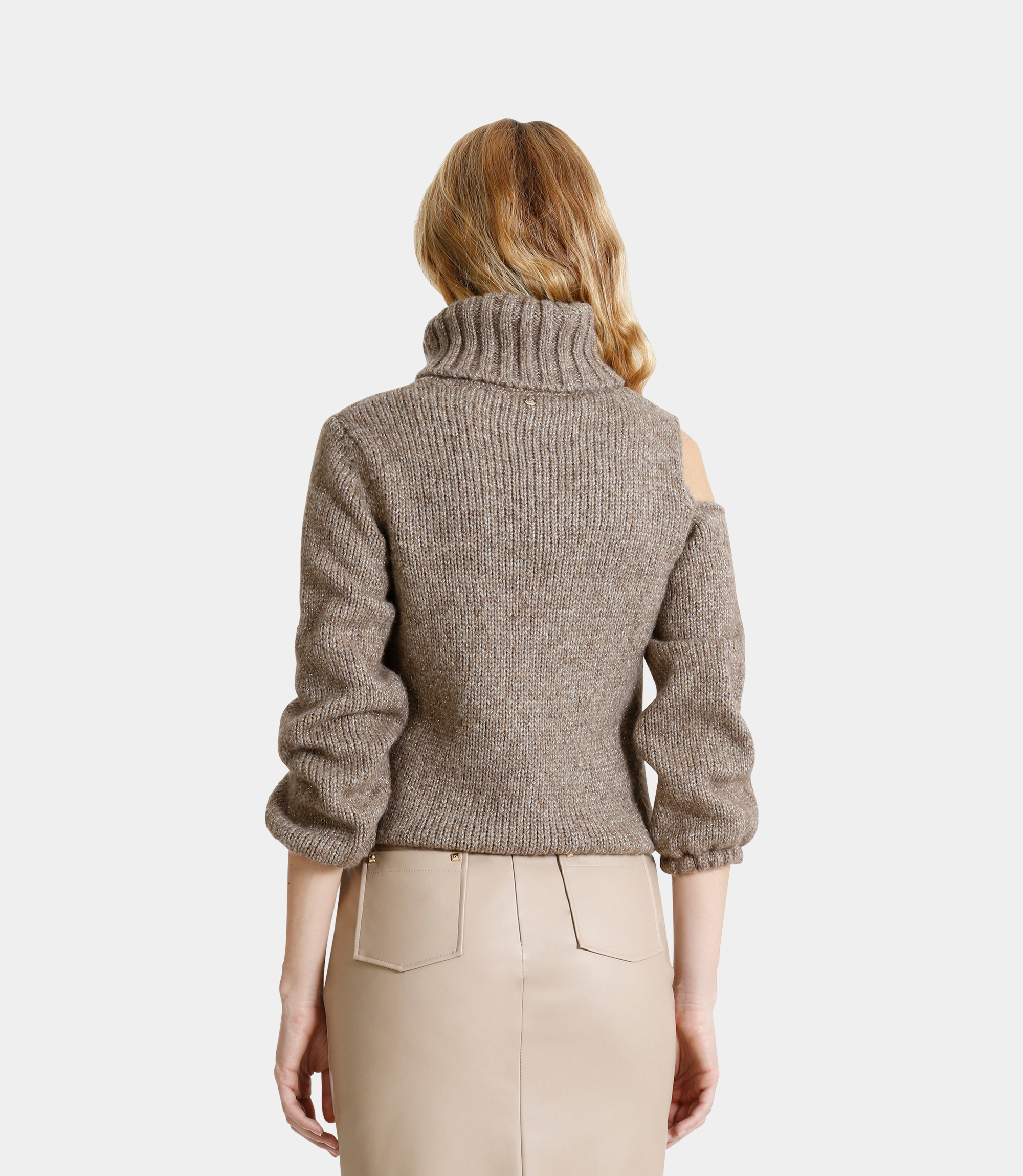 Turtleneck sweater with cut shoulder strap and tie at the waist - GREY - NaraMilano