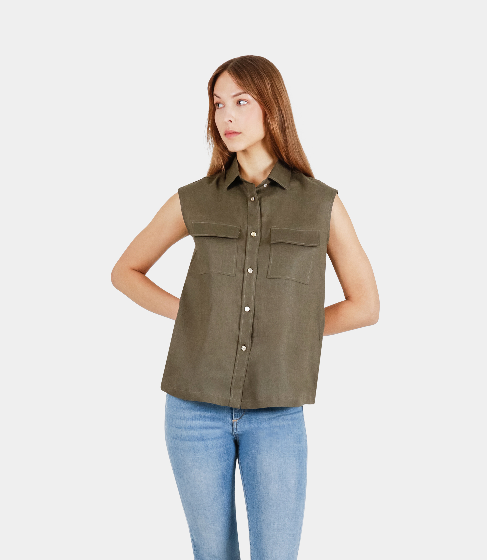Linen sleeveless shirt - Military - NaraMilano