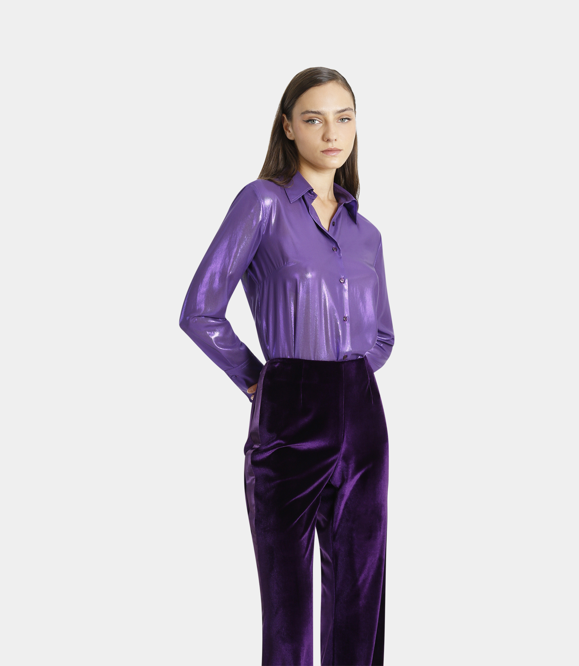 Shirt in laminated georgette with high cuffs - Violet - NaraMilano