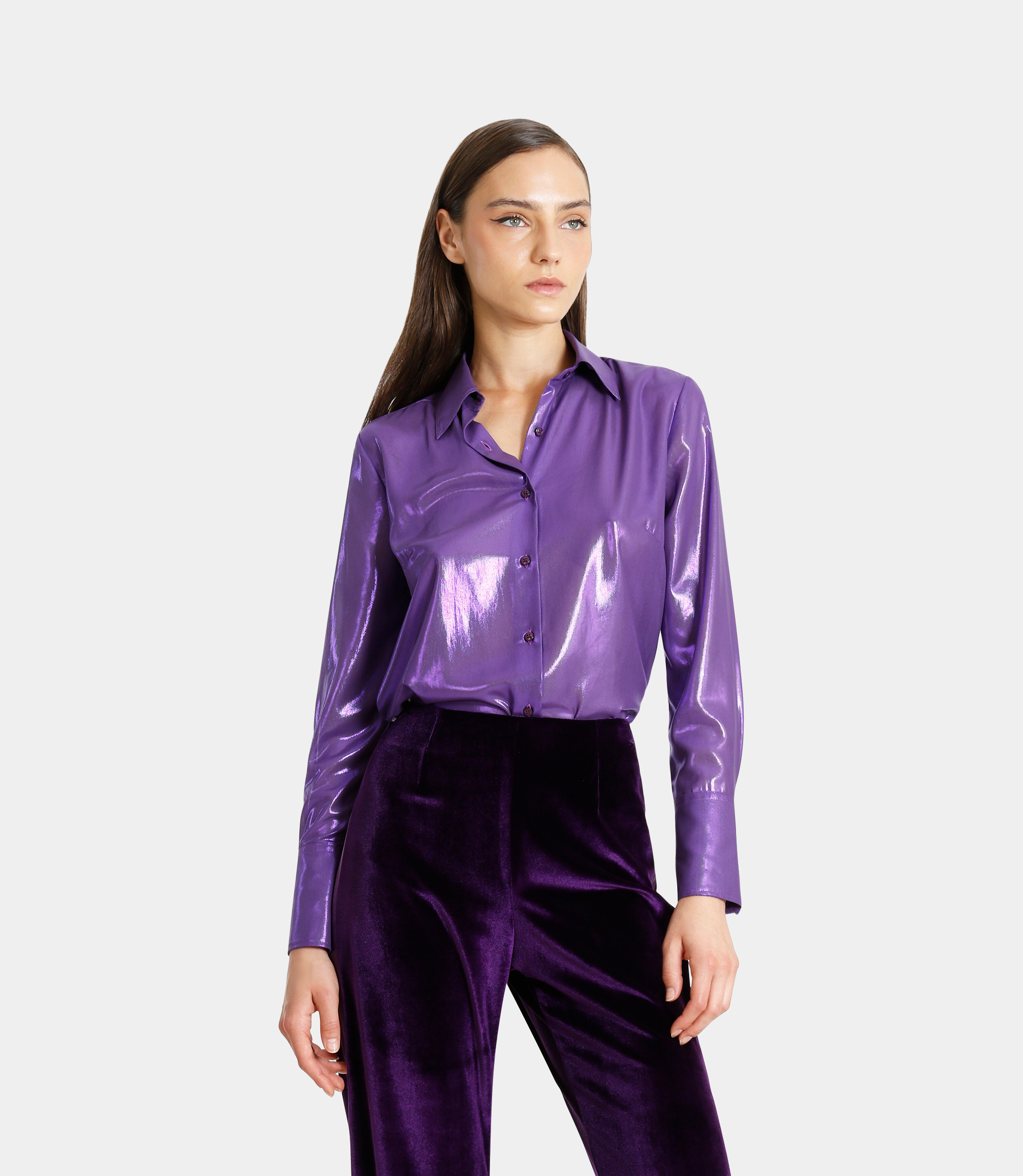 Shirt in laminated georgette with high cuffs - Violet - NaraMilano