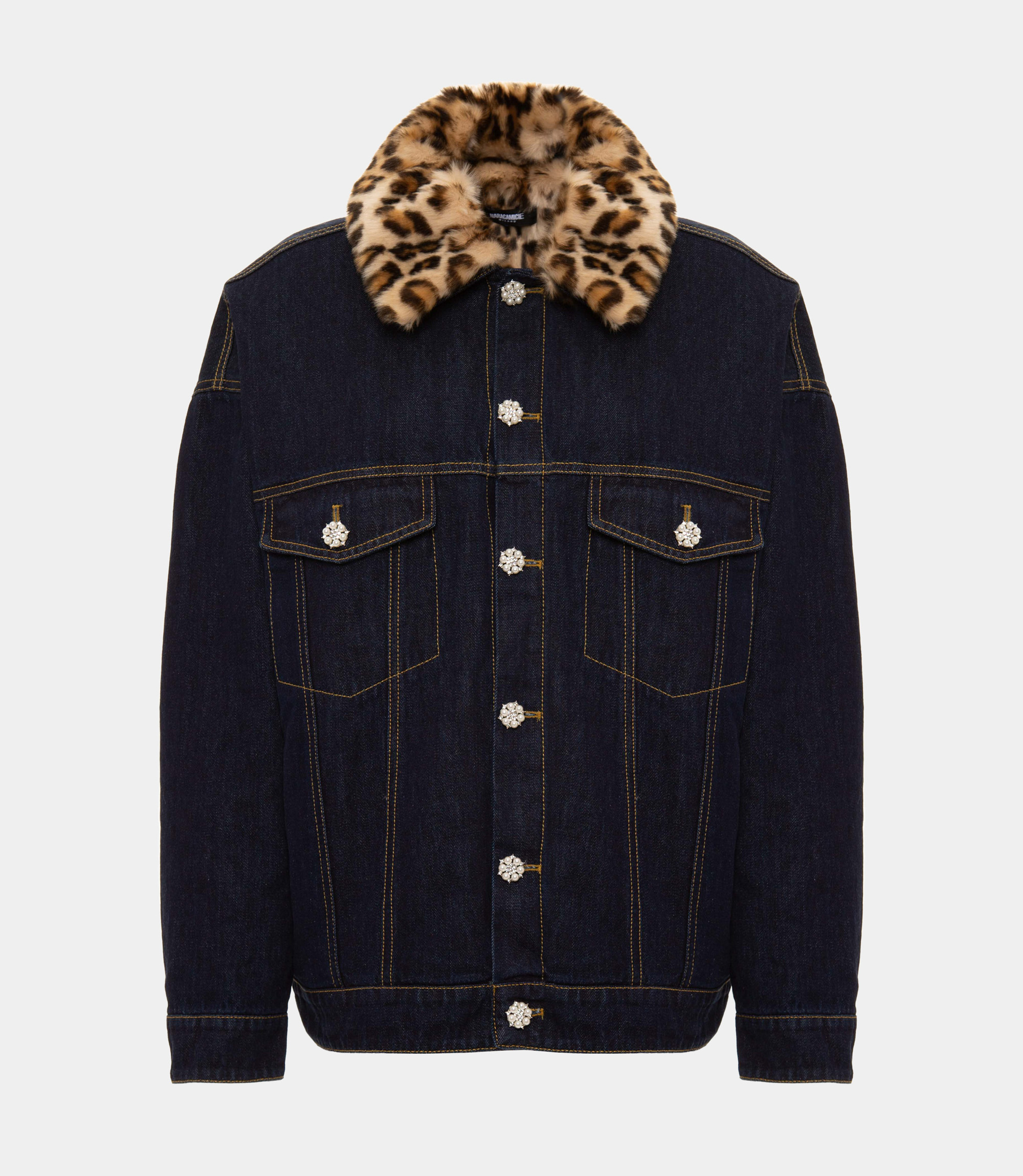 Denim jacket with ecofur collar - Blue - Nara Milano