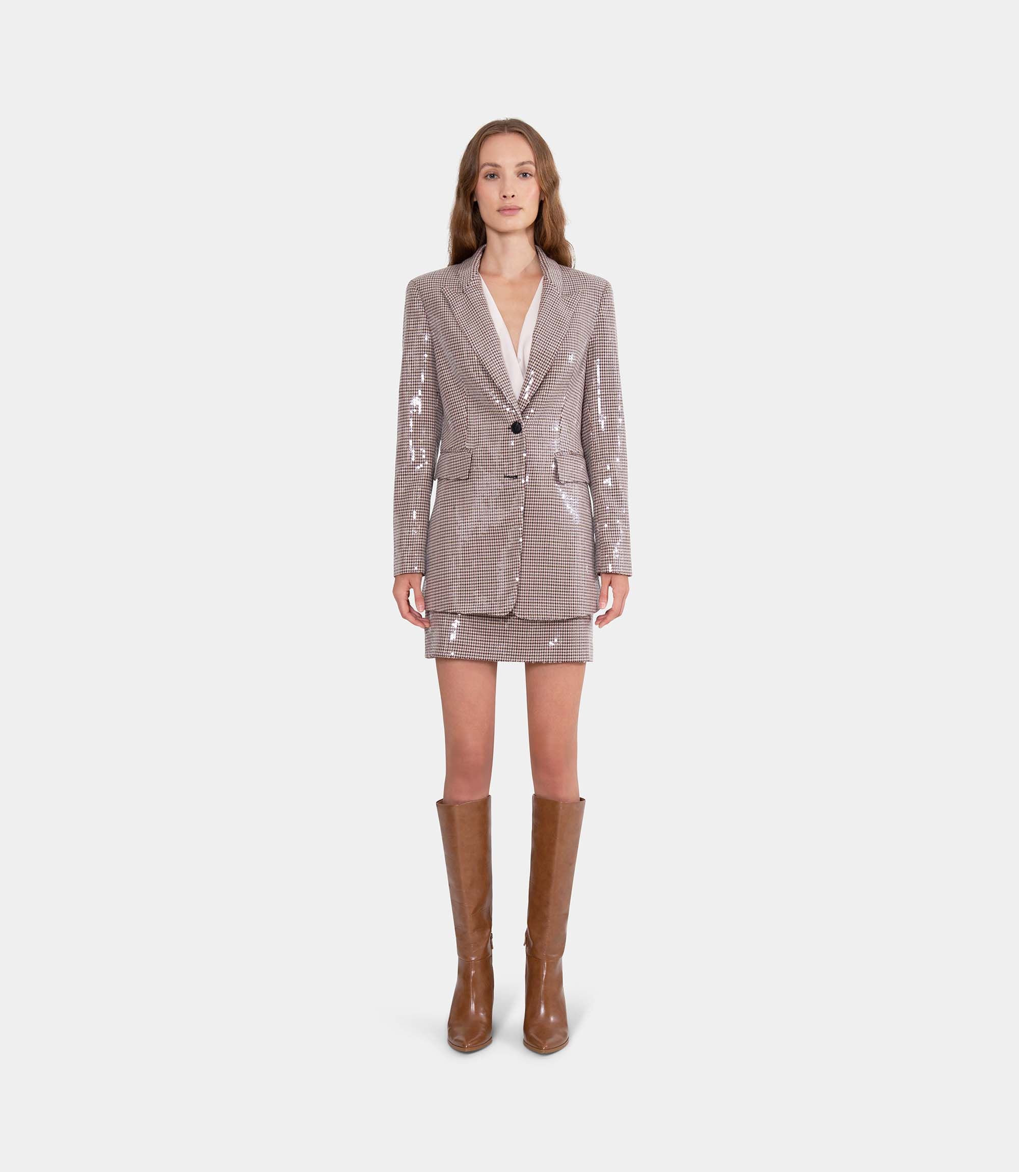 Houndstooth blazer with sequins - Brown - Nara Milano