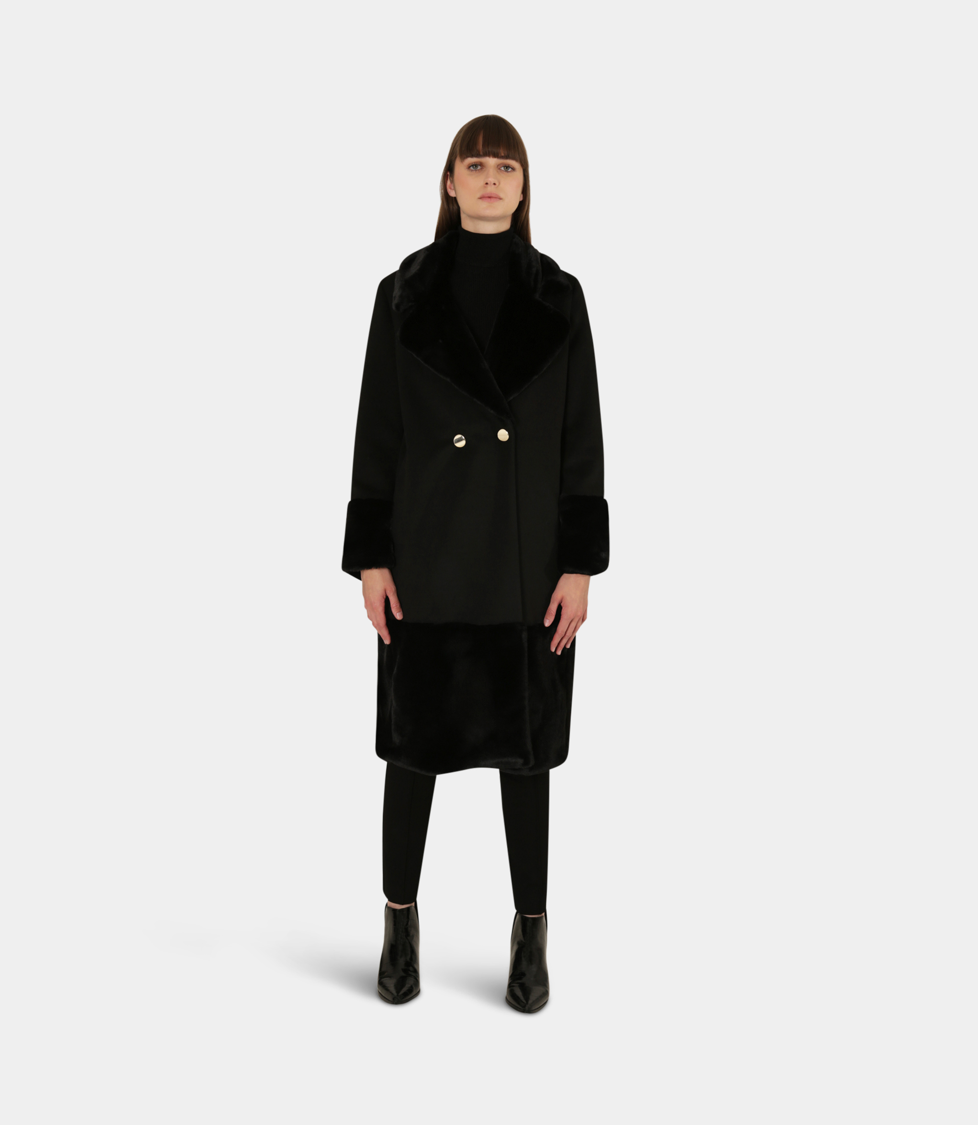 Coat with eco fur inserts - Black - Nara Milano
