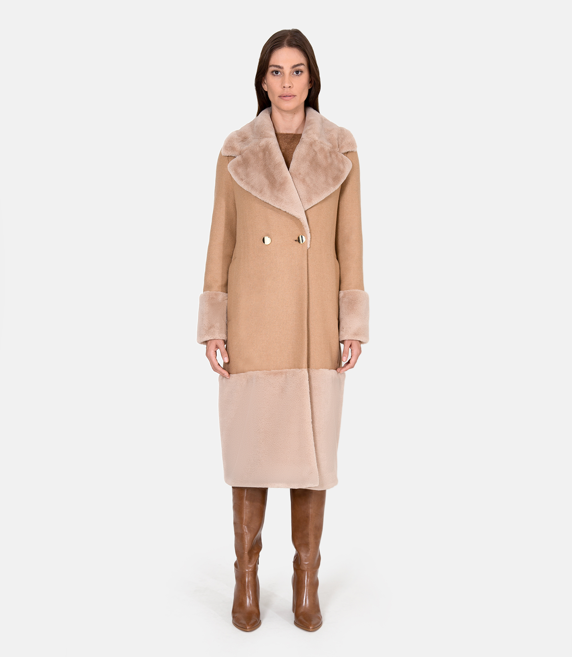 Coat with eco fur inserts - Brown - Nara Milano