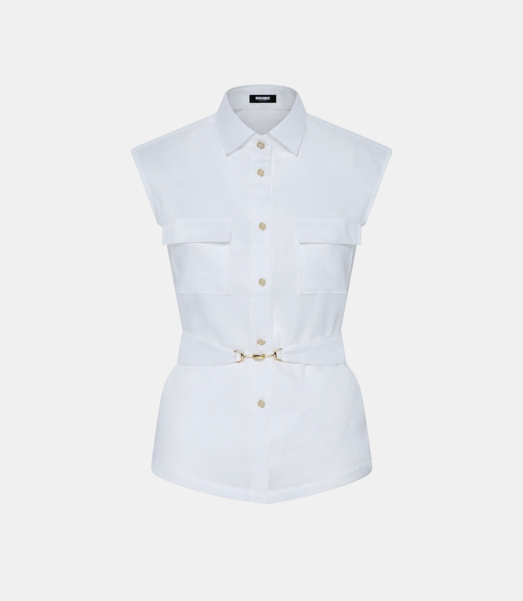 Linen sleeveless shirt - WHITE - NaraMilano